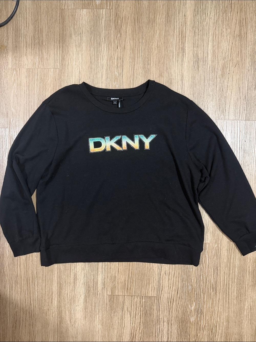 DKNY Black Crewneck Sweater with Iridescent Multicolor Logo XL